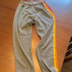 Aviator Nation gray sweatpants with 5 color stripe